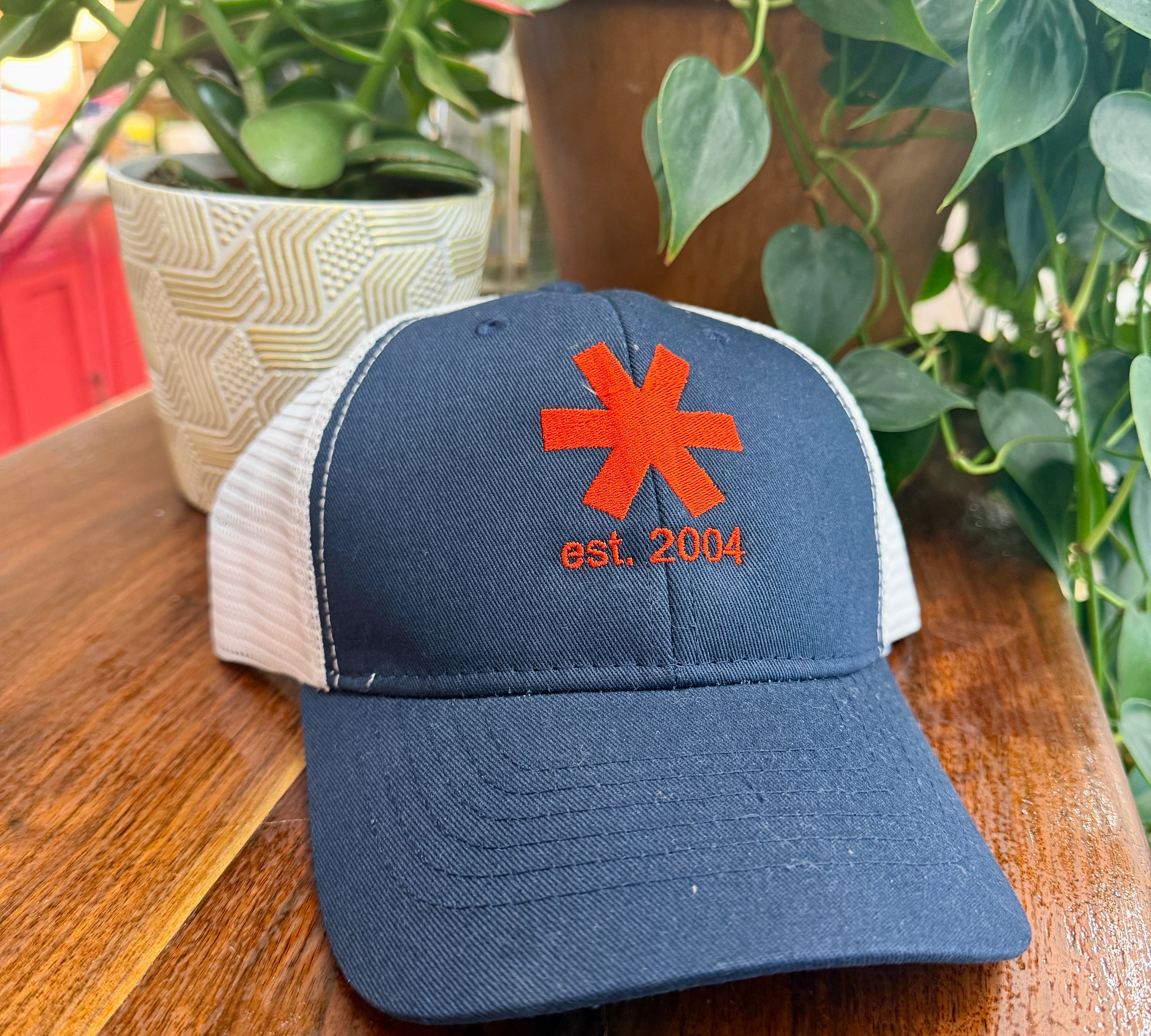Navy blue cap with red logo and text on a wooden surface with plants in the background