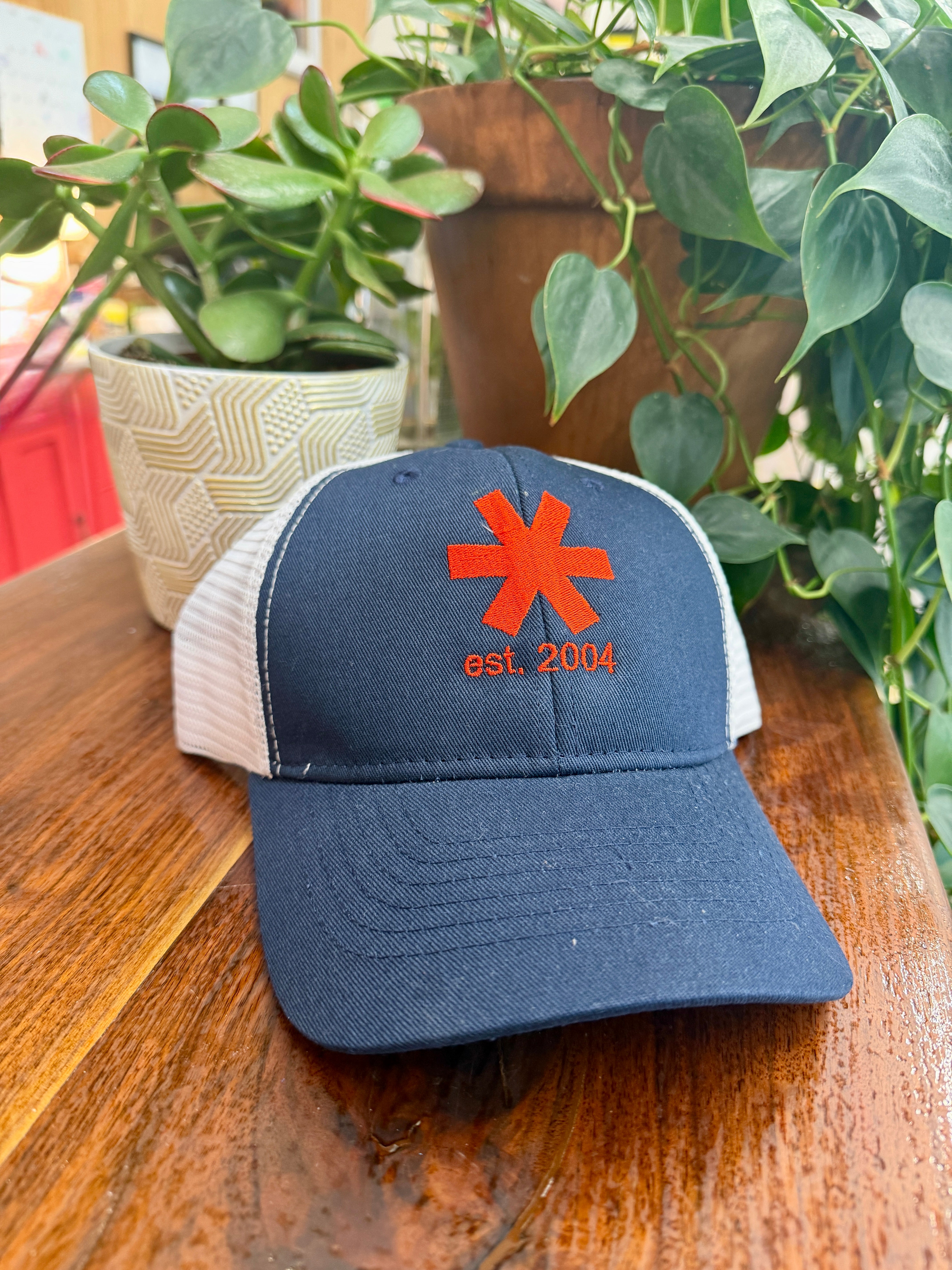 Navy blue cap with red logo and text on a wooden surface with plants in the background